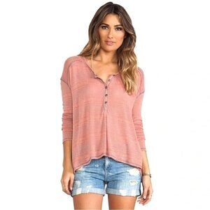 We‎ The Free Slinky Hacci Henley Striped Button Top Knit Sweater Pink Women SP